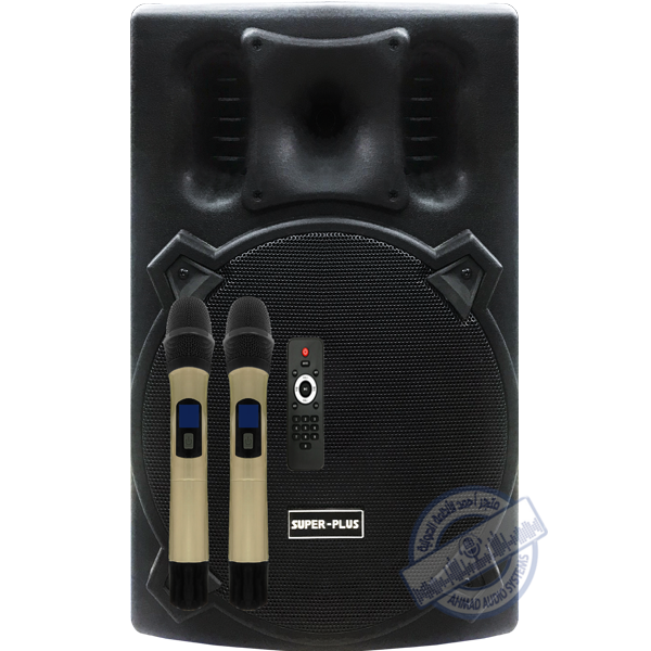 SUPER-PLUS MT-15 Portable PA System سماعة متنقلة من سوبر بلس مقاس 15انش  بقوة 1200وات لون أسود مع 2لاقط لاسلكي يدوي و بلوتوث و يواس بي جودة عالية